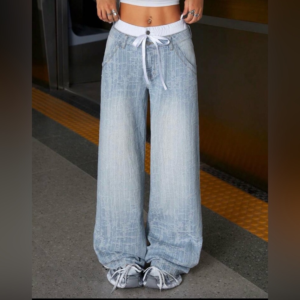 SHEIN ICON Casual Style Dual Waistband Bow Accent Women's Straight Leg Jeans